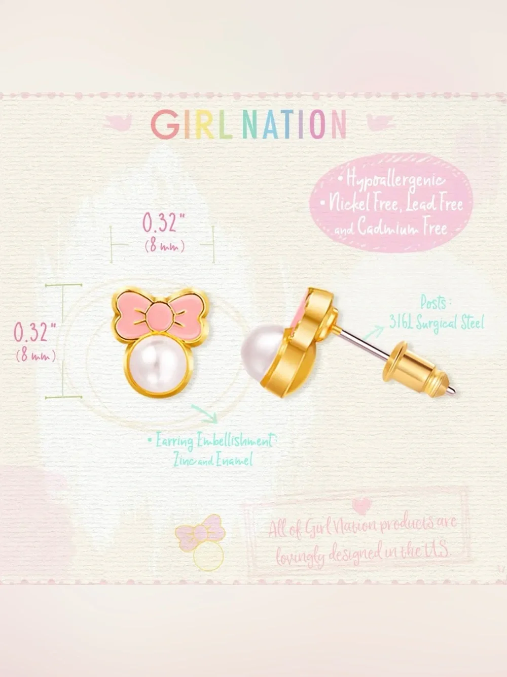 Girl Nation Pink Chic Bow Cutie Stud Earrings hypoallergenic Nickel Free